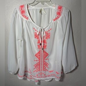 Truth NYC White Sheer Boho Embroidered Peasant Blouse Neon Coral Size S